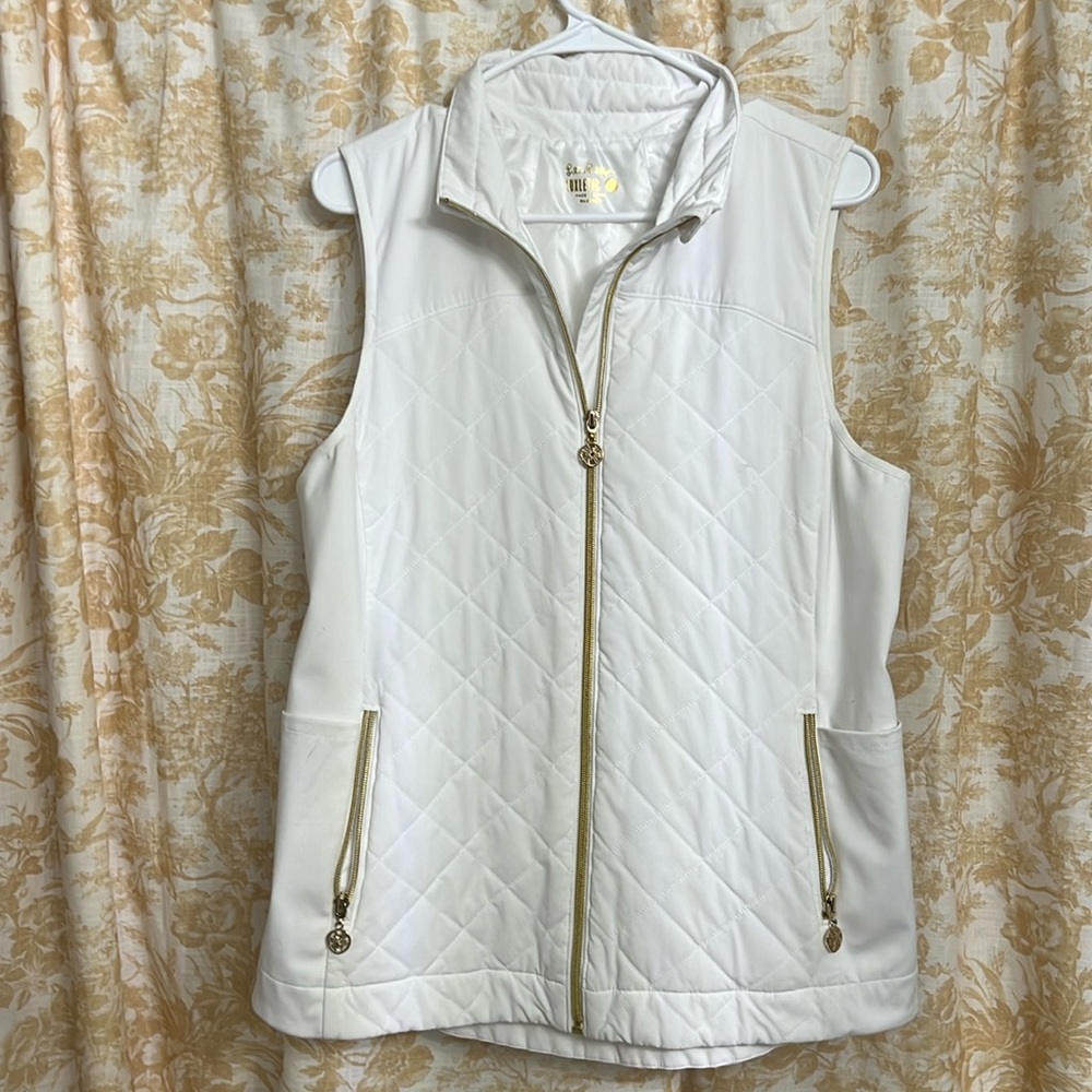 Lilly Pulitzer White Quilted Zip Front Vest with Gold Accents